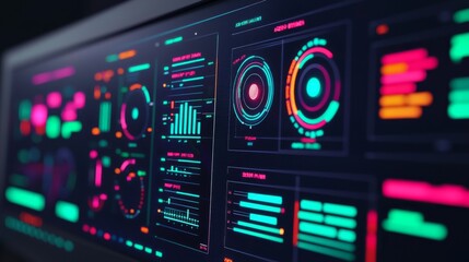 Obraz premium A vibrant, high-tech dashboard displaying various data visualizations and metrics in neon colors.