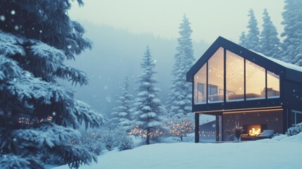 Fototapeta premium Modern luxury cabin with glass walls nestled in a snowy mountain valley, surrounded by snow-covered pine trees, with festive holiday lights and a warm glow from the interior fireplace