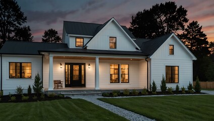 Modern farmhouse with black-and-white siding at dusk.