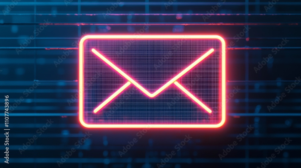 Poster a glowing neon envelope icon on a digital grid background, symbolizing email communication and techn