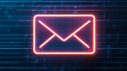 A glowing neon envelope icon on a digital grid background, symbolizing email communication and technology.