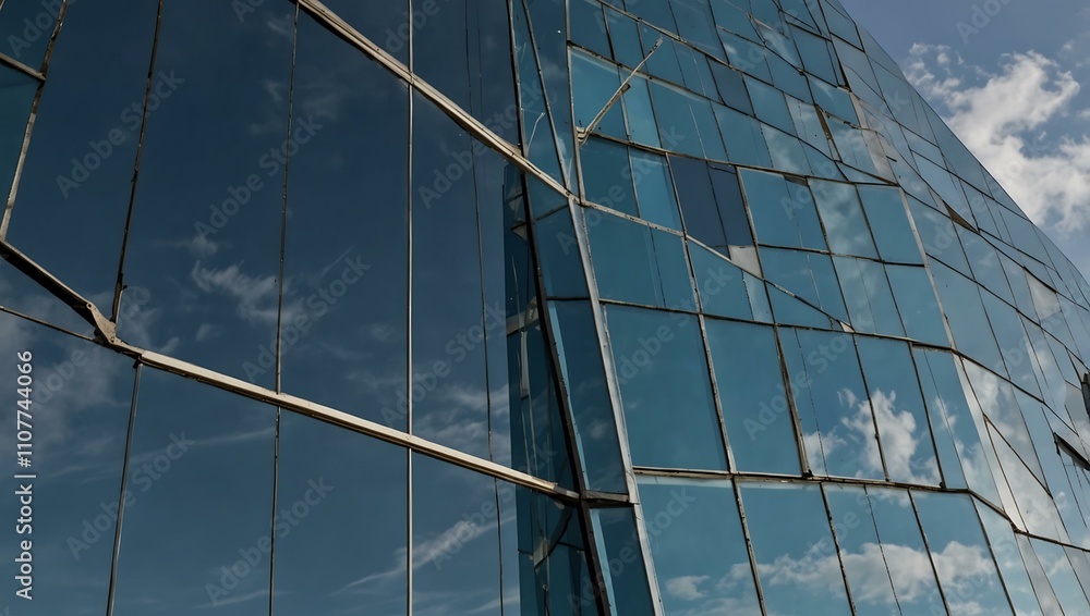 Poster modern glass building reflecting the sky with geometric patterns.