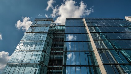 Fototapeta premium Modern glass office building under blue sky.