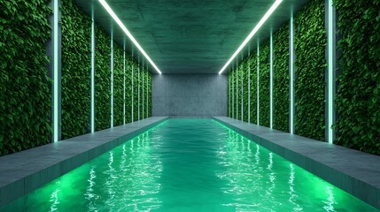 Obraz premium A modern, serene indoor pool surrounded by lush greenery and illuminated by sleek neon lights.