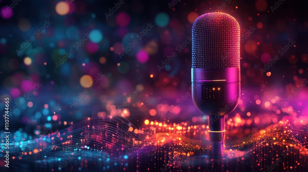 Aufkleber a single microphone on a stage with colorful lights and a digital wave effect.