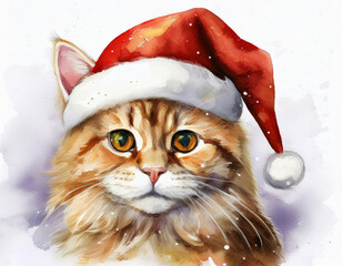 watercolour painting of a cut ginger kitten in the Santa Clause hat	
