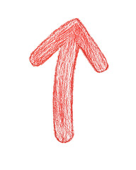 Simple hand-drawn red arrow pointing upward with a textured crayon-like style on a clean white background, ideal for directional use