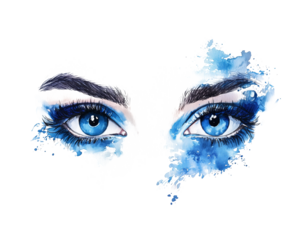 A captivating watercolor illustration of vivid blue eyes with artistic splashes, framed by bold brows, on a white background