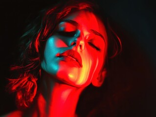 Artistic portrait of a woman illuminated by dramatic red and blue lighting, expressing emotion and contrast against a dark background.