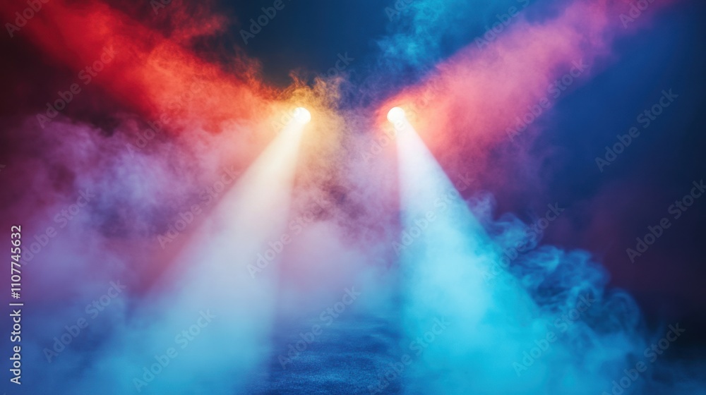 Poster two intersecting spotlights glowing through swirling, colorful fog that fills the floor with a dynam