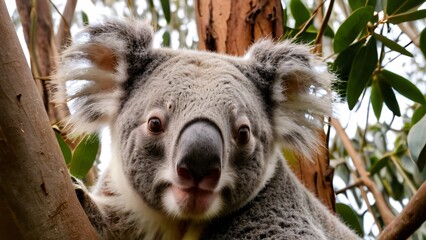 Obraz premium Sleepy Koala Resting in Eucalyptus Tree with Serene Expression