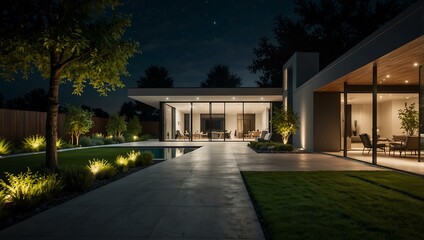 Obraz premium Modern house with a garden at night.