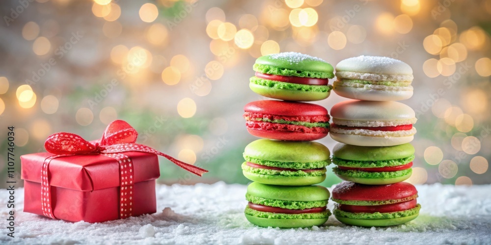 Poster A festive stack of macarons with red and green frosting and a red gift box on a snowy surface, illuminated by warm, blurry lights.