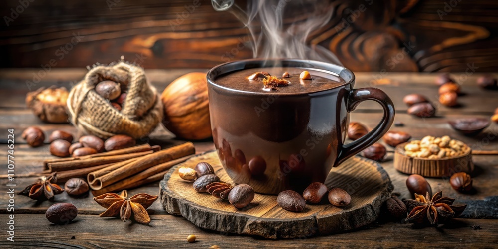 Poster A steaming mug of hot chocolate with a dusting of cocoa powder and cinnamon sticks, surrounded by fragrant spices and nuts on a rustic wooden table.