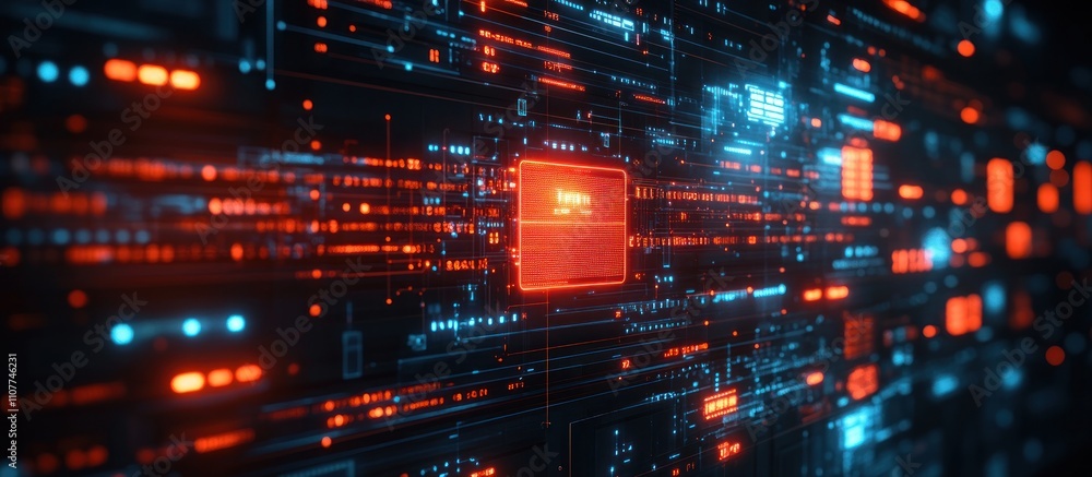 Poster futuristic digital interface with glowing red and blue lines and patterns.
