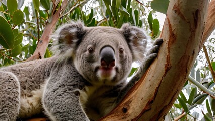 Obraz premium Sleepy Koala Resting in Eucalyptus Tree with Serene Expression