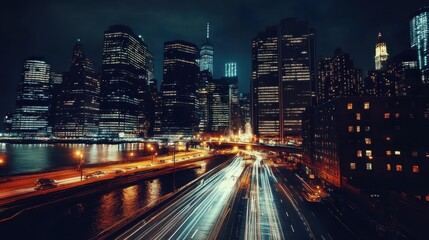 Obraz premium A spectacular view of a city at night, with glowing skyscrapers and vibrant streetlights creating a dynamic urban atmosphere