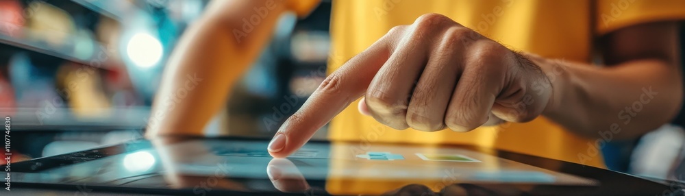 Poster close-up of a person using a touchscreen tablet in a modern setting, showcasing technology and digit