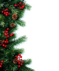 Festive Christmas Pine Garland Border with Pinecones, Red Berries, and Golden Accents on White Background - Perfect for Holiday Designs and Seasonal Celebrations