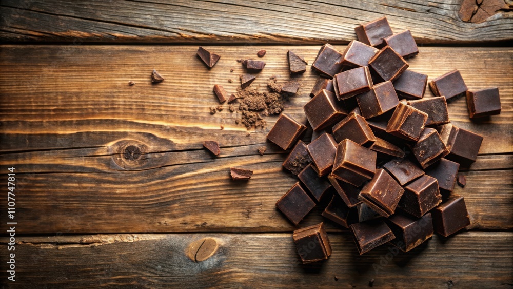 Poster A scattering of dark chocolate squares on a rustic wooden surface, creating a visually appealing and tempting display.