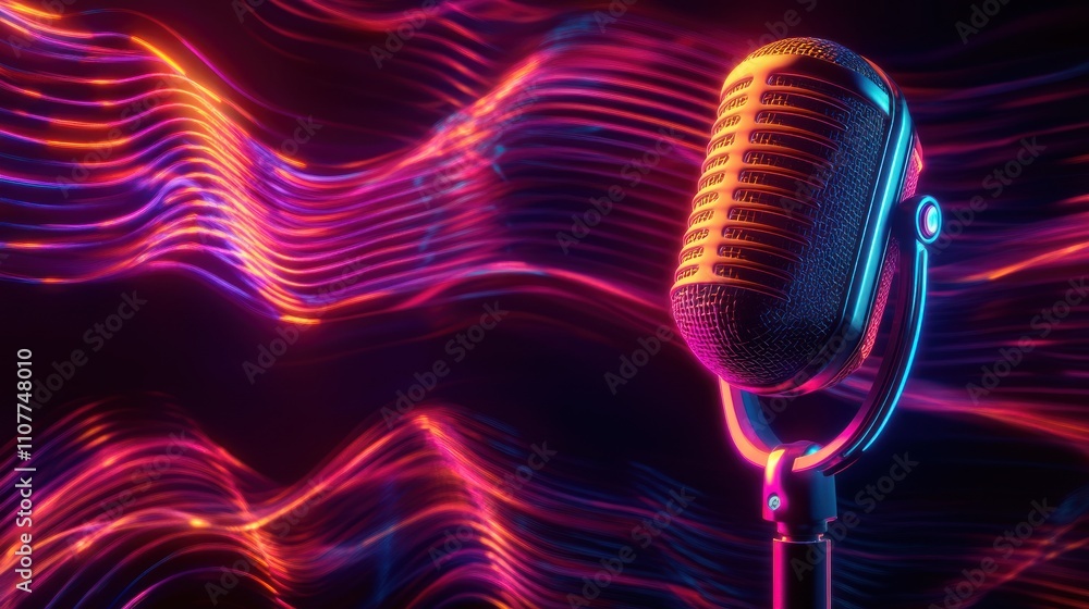 Poster here's a possible and keyword list for your stock photo.. retro microphone with vibrant neon wave ba