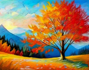 Painting of a tree with colorful flowers in the autumn season. Oil color painting. Generative AI.