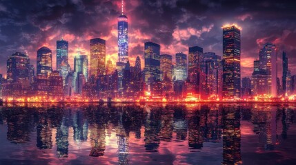 Fototapeta premium A stunning view of city lights reflecting off towering skyscrapers, capturing the energy and beauty of a bustling urban nightscape