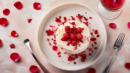 Valentine's Day desert with rose petals scattered across the table.