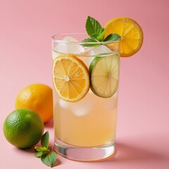 A refreshing citrus cocktail featuring ice and mint garnish Mixed drink