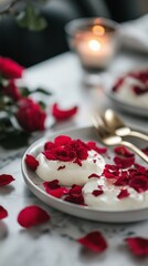Valentine's Day desert with rose petals scattered across the table.