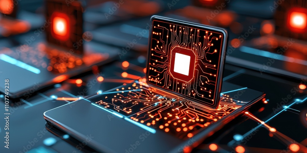 Poster a futuristic scene showcasing laptops with glowing circuit patterns and a prominent central processo