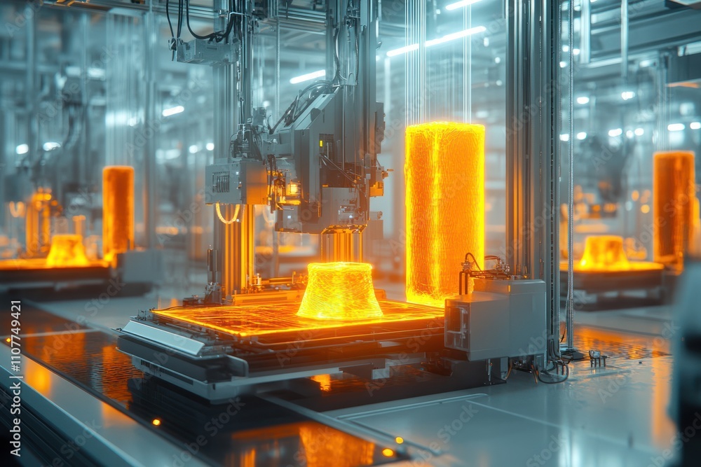Poster a robotic arm manipulates a glowing orange object on a conveyor belt in a futuristic factory setting