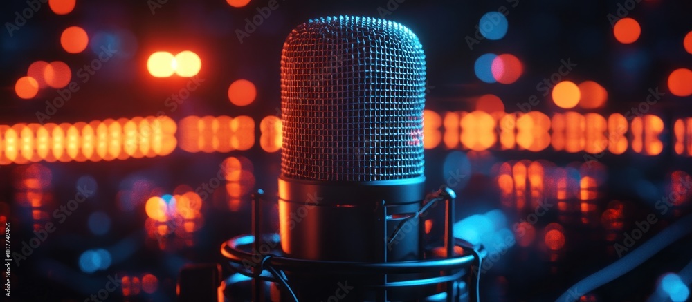 Aufkleber a close up of a microphone in a recording studio with colorful bokeh lights.