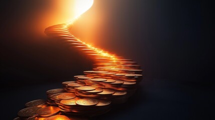 Obraz premium winding staircase made of glowing coins leading up to a bright light, symbolizing financial growth and career advancement