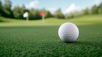 Fototapeta premium A golf ball resting on green grass with flags in the background.