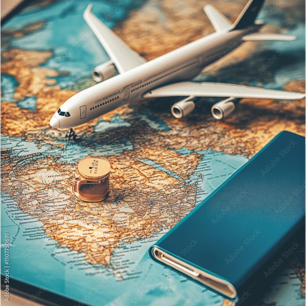 Poster passport air ticket and credit card with world map on smartphone. globe and red location pin in fron