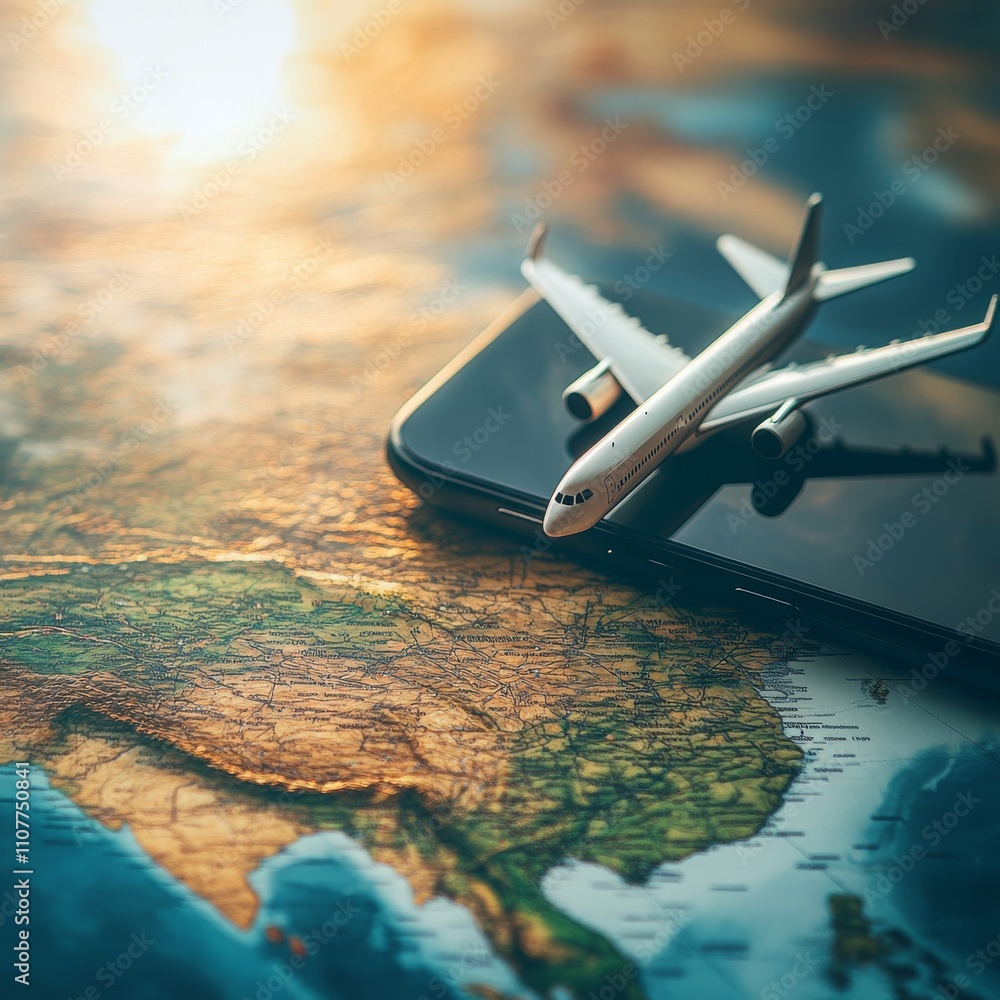Poster Passport air ticket and credit card with world map on smartphone. Globe and red location pin in front airplane is taking off. For media tourism ads design. Travel transport concept. 3D Vector EPS10.