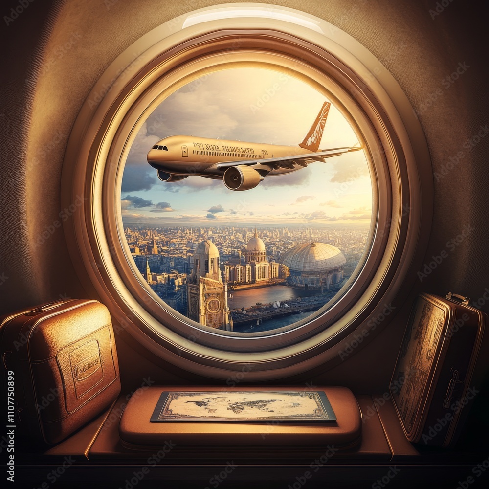 Aufkleber Creative Time to Travel 3D Realistic Design Plane Window with Luggage and Globe together with Passports and Travel Pass with Landmarks and Airplane on the Clouds. Vector Illustration
