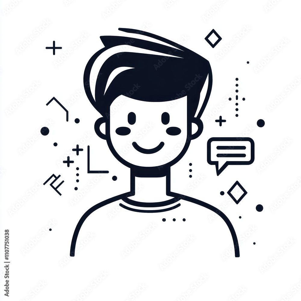 Poster here's a possible and keyword list for your image.. happy boy avatar, minimalist line art.
