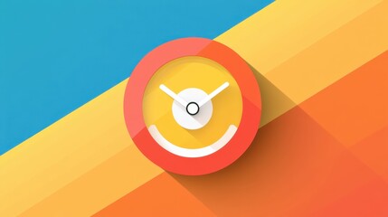 A vibrant yellow-orange alarm clock featuring a pause button in the middle, placed on a flat, colorful minimalistic background