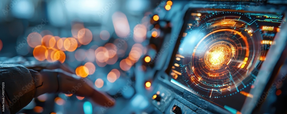 Poster a close-up of a futuristic control panel displaying bright, intricate visuals, with a hand poised to