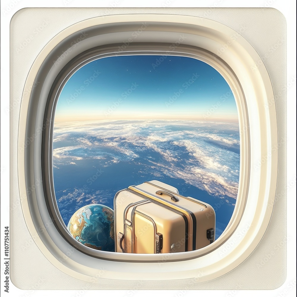 Aufkleber Creative Time to Travel 3D Realistic Design Plane Window with Luggage and Globe together with Passports and Travel Pass with Landmarks and Airplane on the Clouds. Vector Illustration