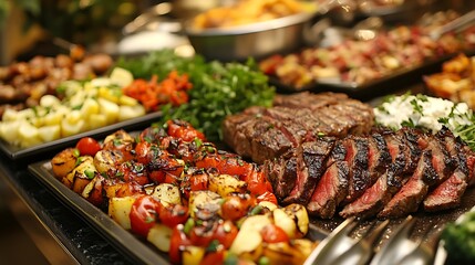of a gourmet food display on a dining table, with perfectly arranged dishes, including seared steak, roasted vegetables, and delicate sauces 