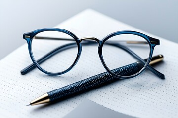 Blue-Framed Eyeglasses, Pen, and Notepad