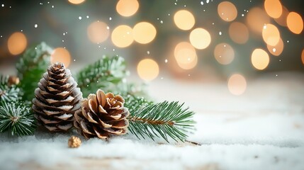 Obraz premium Merry Christmas and happy new year Winter landscape with snow .Christmas background with fir tree branch and cones