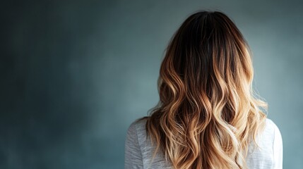 Fototapeta premium Woman showing long brown hair with blonde highlights from behind