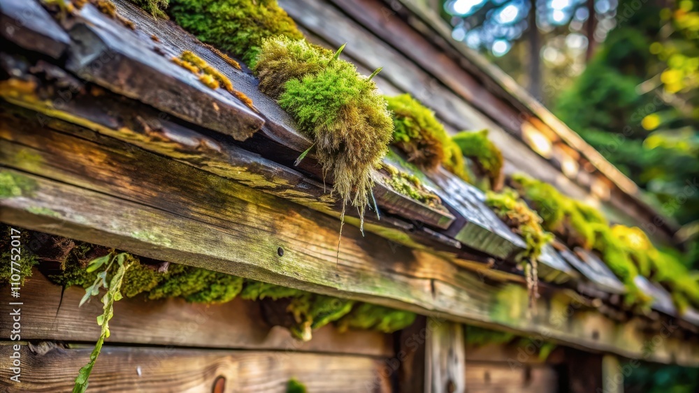 Poster a weathered wooden structure adorned with vibrant green moss, creating a natural tapestry of growth 
