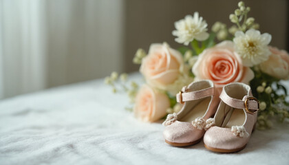 Tiny shoes and delicate flowers on a white tablecloth.