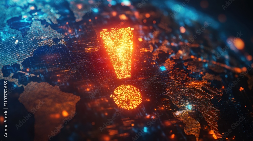 Poster an exclamation mark glowing on a background of a world map, representing urgency and the interconnec
