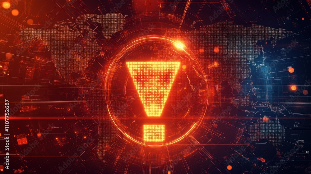 Poster an exclamation mark glowing on a background of a world map, representing urgency and the interconnec